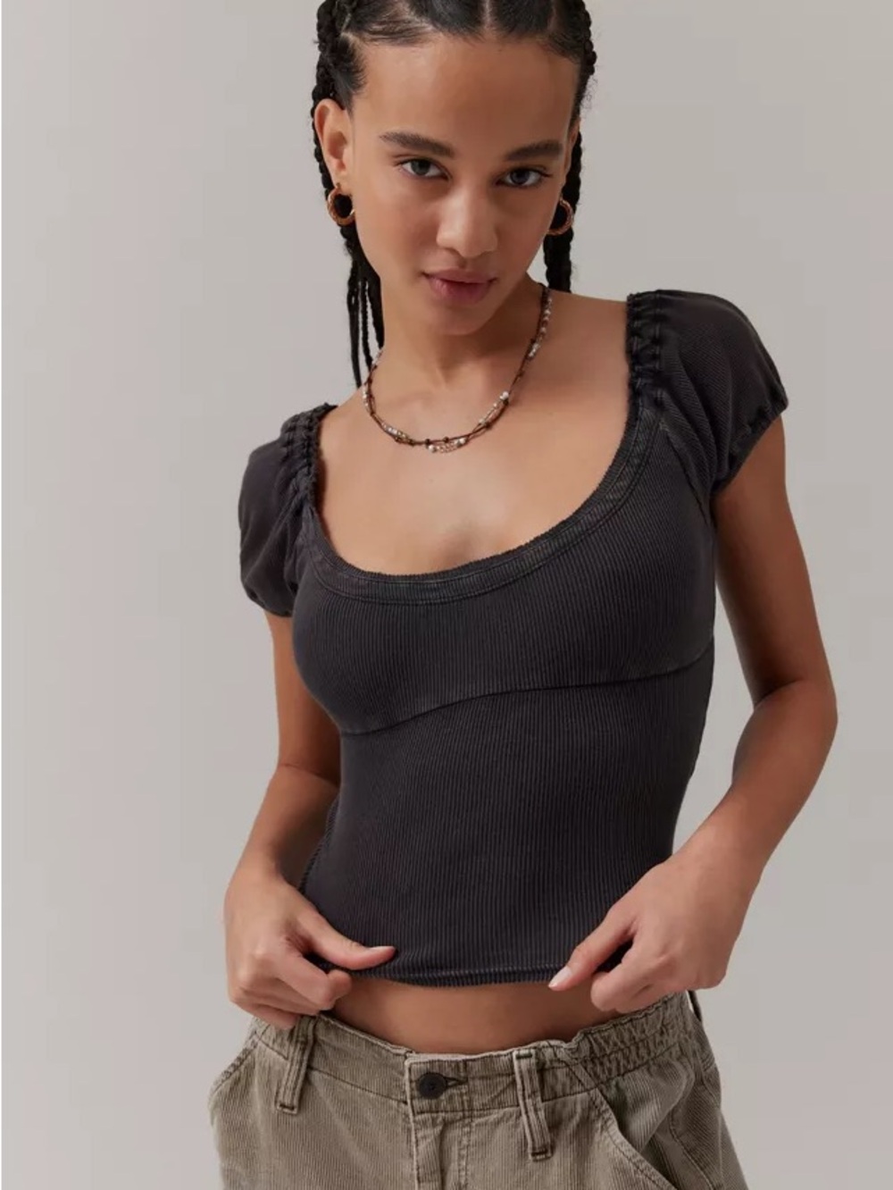 FULL TILT: Gray Ribbed Knit Cropped Puff Sleeve Scoop Neck T-Shirt, Size XS